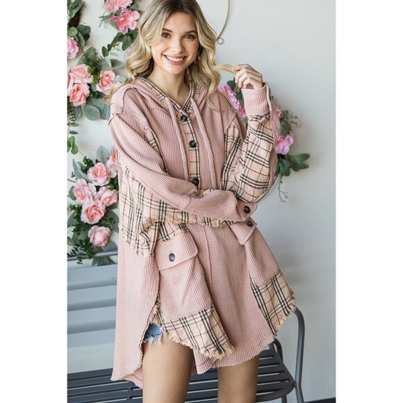 012 Oli & Hali Washed Flannel Contrast Hooded Waffle Pullover NEW Size Large - Picture 2 of 4